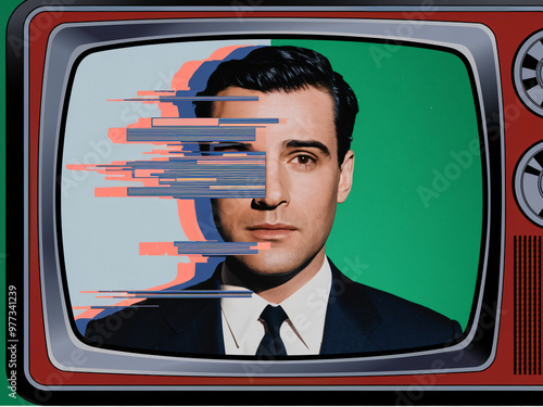 This image features stylized television screen displaying distorted image of man, blending retro aesthetics with modern glitch art. vibrant colors and unique design evoke sense of nostalgia and creati photo