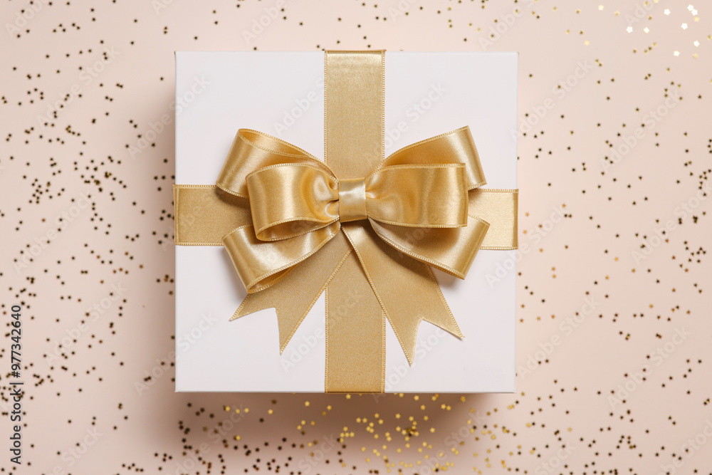 Gift box with bow and confetti on beige background, top view Gift box with bow and confetti on beige background, top view