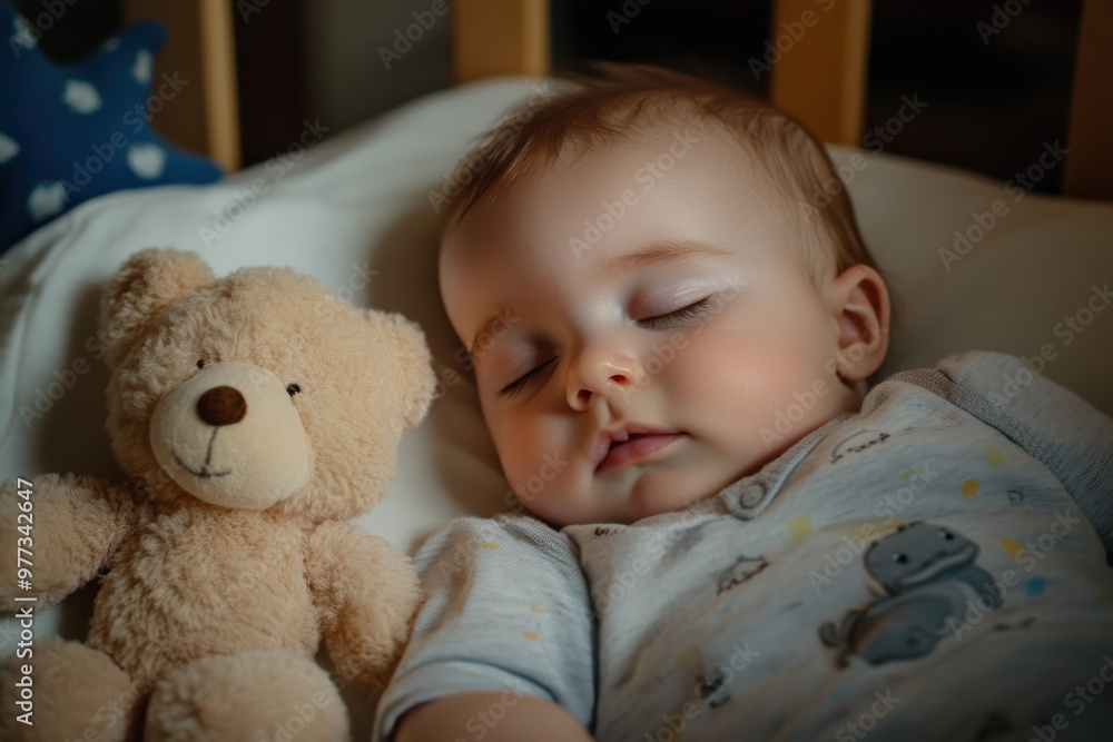 A young baby lies asleep in a crib, cuddling a cute teddy bear, surrounded by soft blankets, embodying serenity, comfort, and the innocence of childhood. A young baby lies asleep in a crib, cuddling a cute teddy bear, surrounded by soft blankets, embodying serenity, comfort, and the innocence of childhood.