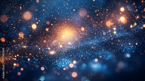 Shimmering blue particles and glitter in motion, glowing with a soft light and radiant bokeh. The 3D design captures a magical, ethereal texture, with vibrant, festive energy