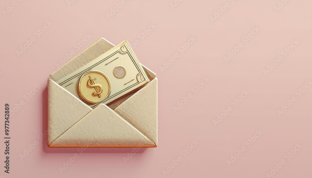 An elegant envelope containing cash and a coin, symbolizing financial success and prosperity on a soft pink background. An elegant envelope containing cash and a coin, symbolizing financial success and prosperity on a soft pink background.