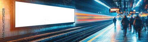 Blurred motion of a fast train passing through a bustling, modern subway station at night, with bright illuminated displays and commuters on the platform. photo