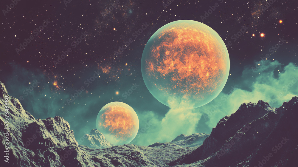 Alien moonscape with stars and planets in the night sky. A fantastical alien landscape under a starry sky, with two moons hovering above jagged, rocky terrain. This science-fiction scene evokes myste Alien moonscape with stars and planets in the night sky. A fantastical alien landscape under a starry sky, with two moons hovering above jagged, rocky terrain. This science-fiction scene evokes myste