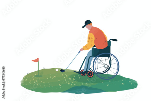 person in wheelchair playing golf isolated