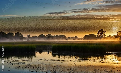 Wallpaper Mural Wetlands at Sunrise: Flocks of Migratory Birds and Their Role in Biodiversity. Preserving biodiversity and the importance of protected flora and fauna Torontodigital.ca