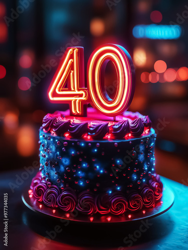 A striking 40th birthday cake with neon lights, perfect for milestone celebrations and evening parties.