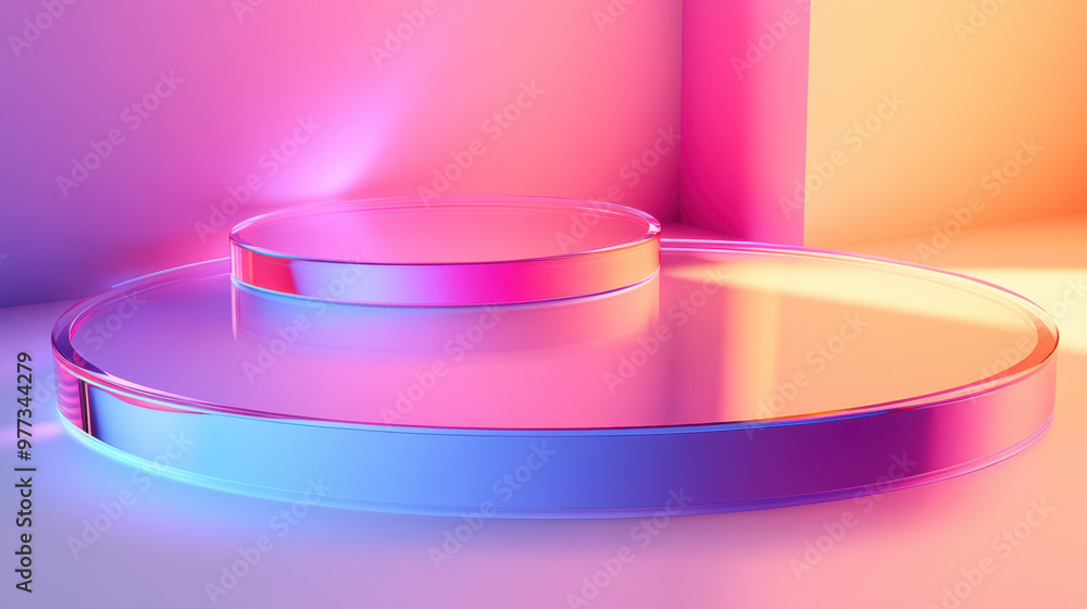 Modern abstract pedestal with colorful gradient lights, suitable for product display or background settings in vibrant hues of pink and orange. Modern abstract pedestal with colorful gradient lights, suitable for product display or background settings in vibrant hues of pink and orange.