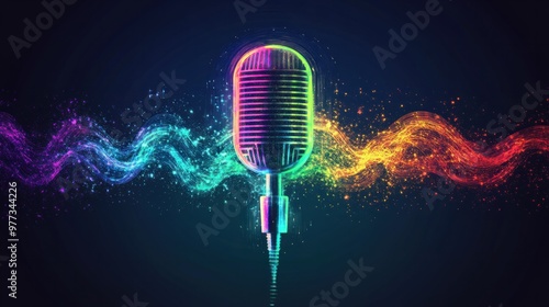 A creative voice icon with a microphone shaped like a speech bubble, emitting colorful sound waves.