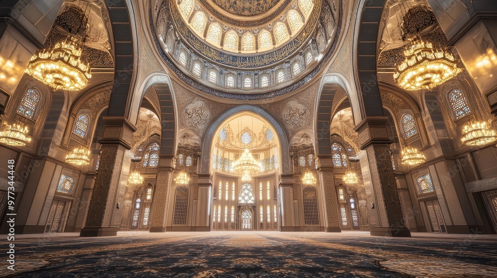Fototapeta premium Interior View of Mosque with Geometric Patterns, Chandeliers, and Prayer Mats