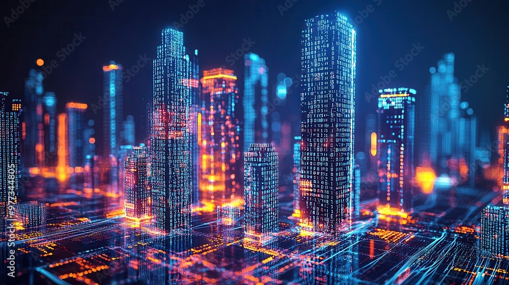 A cityscape with buildings lit up in neon colors A cityscape with buildings lit up in neon colors