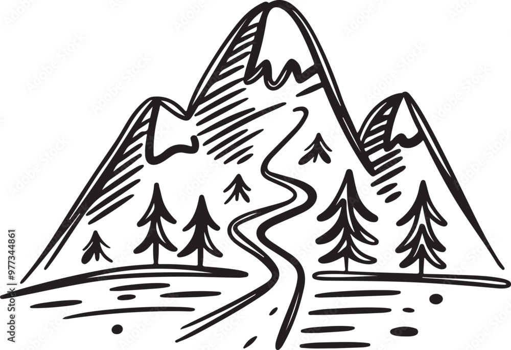A hand drawn vector image of a mountain icon doodl A hand drawn vector image of a mountain icon doodl