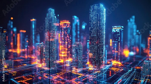 A cityscape with buildings lit up in neon colors