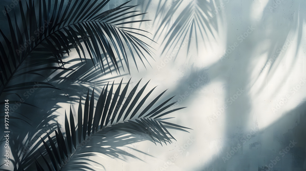 Sunlit scene with shadow of palm leaves on a textured concrete wall. Minimalist style, concept of tranquility and nature Sunlit scene with shadow of palm leaves on a textured concrete wall. Minimalist style, concept of tranquility and nature