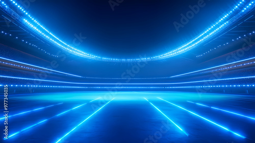 Fototapeta Naklejka Na Ścianę i Meble -  Illustration of a stadium illuminated with abstract blue neon lights. 3d sports technology background. ai generated. Neon Lights. Illustration