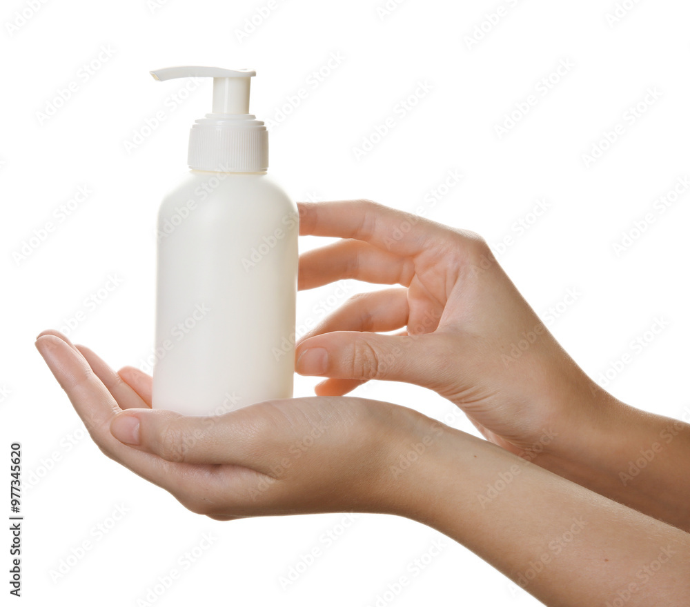 Woman with shampoo bottle on white background, closeup Woman with shampoo bottle on white background, closeup
