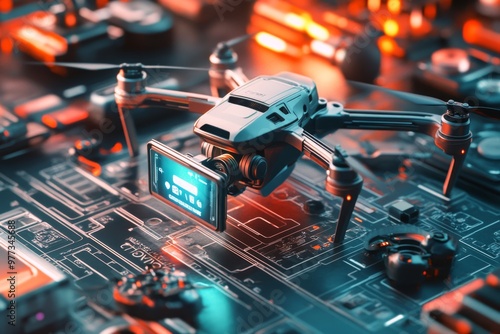 an enchanting close-up of a drone with a camera displaying a cyber monday offer screen, surrounded by high-tech gadgets