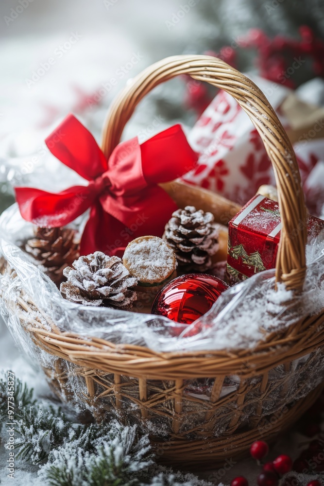 an enchanting close-up of a french holiday gift basket filled with winter-themed goodies and wrapped in cellophane with a big red bow an enchanting close-up of a french holiday gift basket filled with winter-themed goodies and wrapped in cellophane with a big red bow