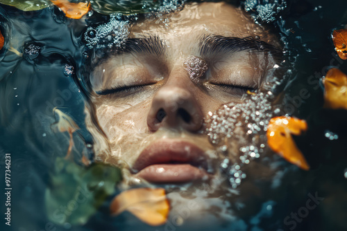 An abstract photograph capturing water with subtle ripples and autumn leaves floating on the surface, creating a dynamic and tranquil scene that evokes calmness.