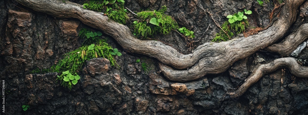 Close-up of tree bark texture with moss and vines Close-up of tree bark texture with moss and vines