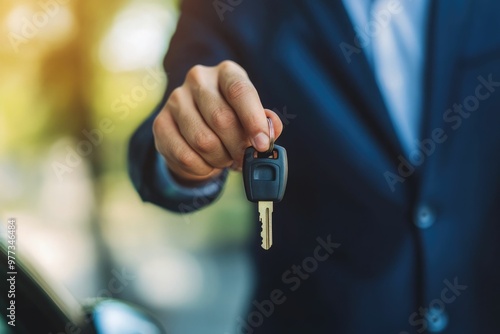 Businessman giving a car key. Getting new car concept. 