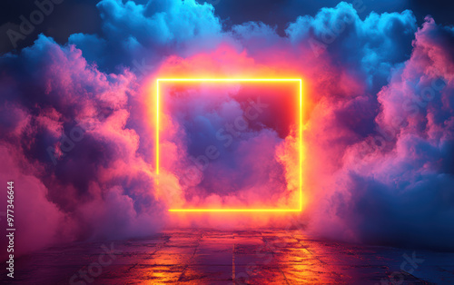 Vibrant neon square glows amidst a surreal mist and cloudscape, creating an ethereal, futuristic atmosphere on a moody twilight background.