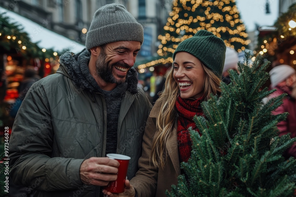 Obraz premium An exuberant couple reveling in the Christmas market atmosphere, smiling amidst vibrant displays of holiday lights and decorations, encapsulating festive joy.