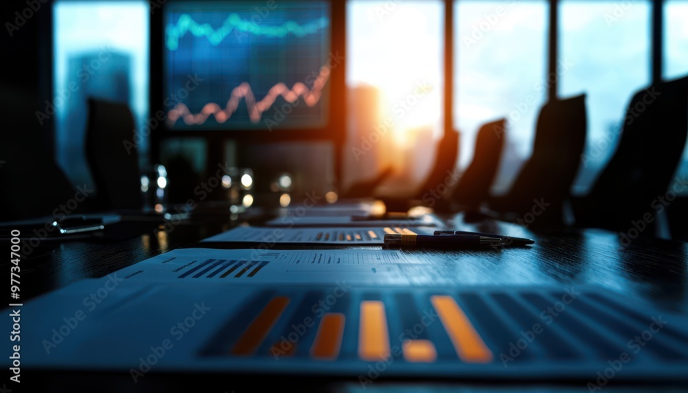 A boardroom table set for a meeting, showcasing financial reports and graphs with a city skyline in the background. A boardroom table set for a meeting, showcasing financial reports and graphs with a city skyline in the background.