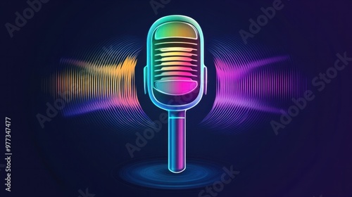A voice icon showing sound waves in different colors surrounding a modern microphone, with a sleek design.