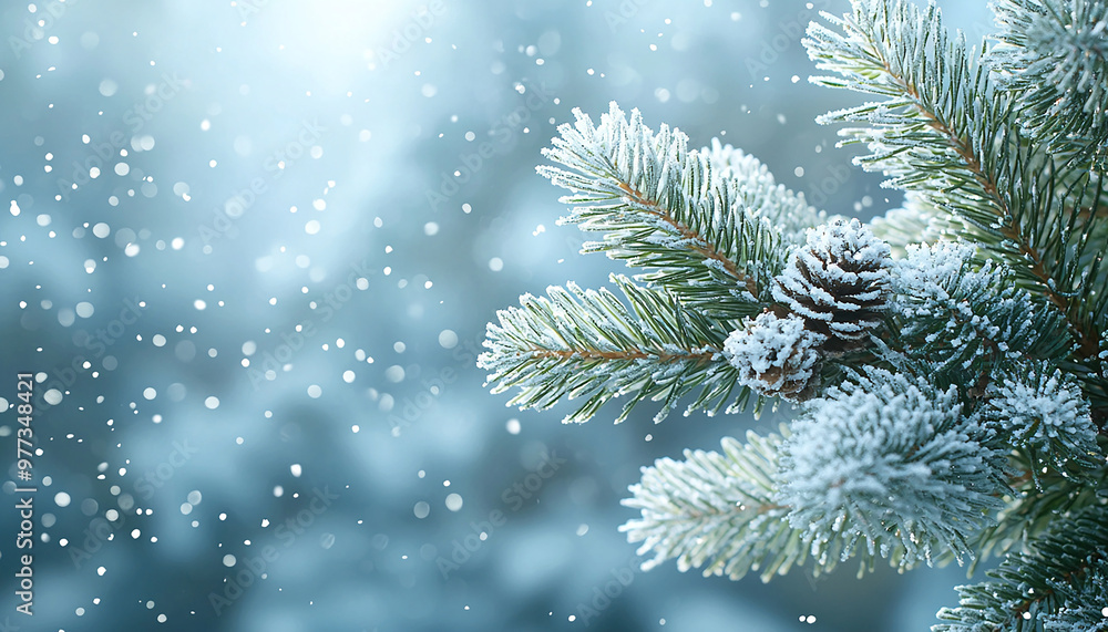Snow covered pine tree branch with frost and snowflake generated by AI Snow covered pine tree branch with frost and snowflake generated by AI
