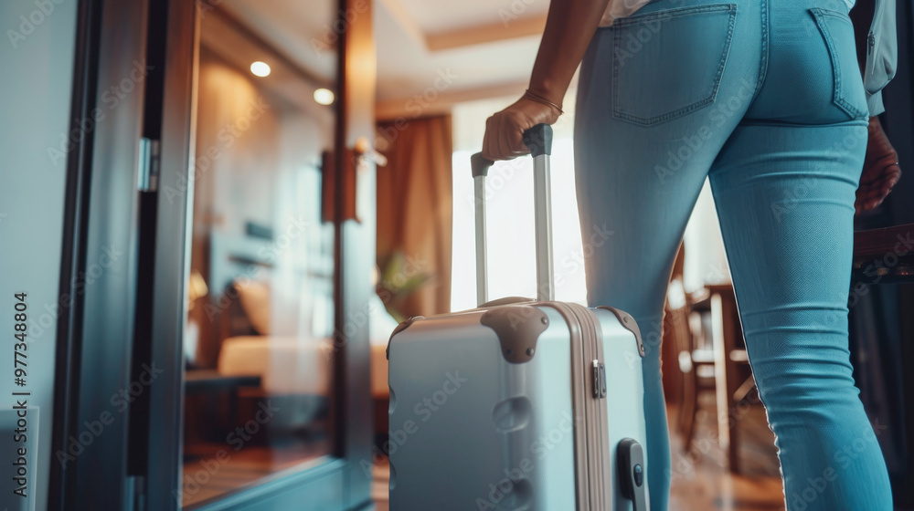 A woman walks into a hotel room, pulling a white suitcase behind her. A woman walks into a hotel room, pulling a white suitcase behind her.