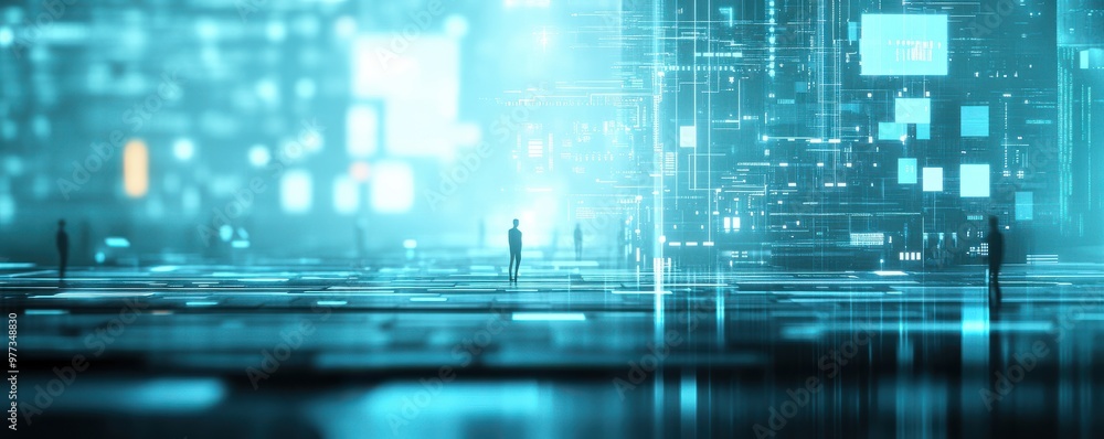 Fototapeta premium Abstract digital landscape with silhouetted figures, illuminated patterns, and futuristic technology elements in a vibrant blue tone.