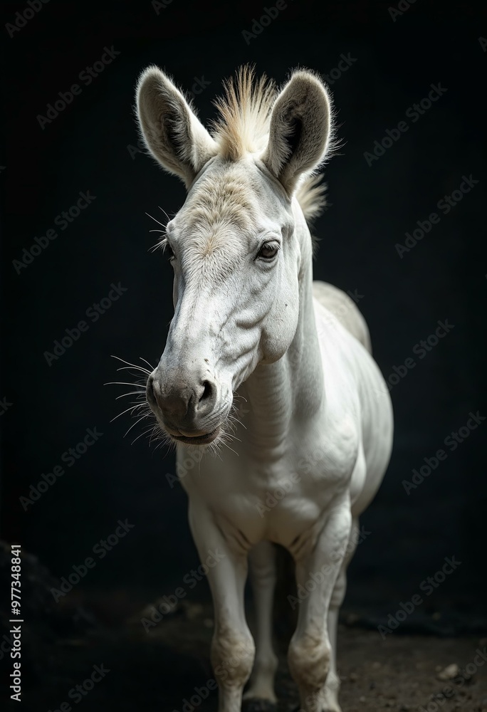 White zebra standing against dark backdrop White zebra standing against dark backdrop