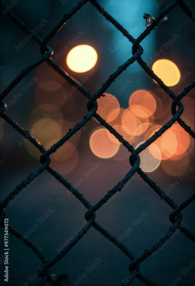 Fototapeta premium City Lights Through Chain Link Fence