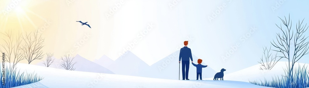 Obraz premium A peaceful winter scene featuring a person, child, and dog enjoying the snowy landscape under a bright sky.