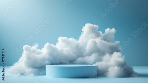 A serene scene of fluffy clouds around a blue podium, set against a light blue backdrop, ideal for showcasing products or presentations.