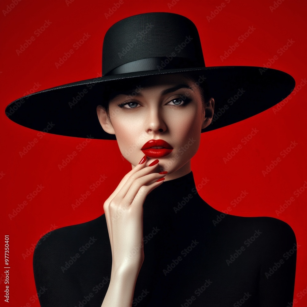 Elegant woman in a wide-brimmed black hat and bold red lips poses with grace. The deep red background adds drama to this fashion portrait. Ideal for stylish campaigns or art. AI Elegant woman in a wide-brimmed black hat and bold red lips poses with grace. The deep red background adds drama to this fashion portrait. Ideal for stylish campaigns or art. AI