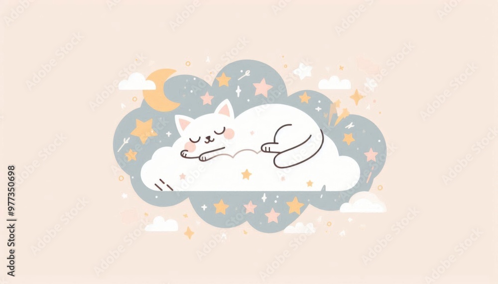A whimsical vector illustration of a cat lying on a fluffy cloud, surrounded by stars, simple shapes and pastel colors A whimsical vector illustration of a cat lying on a fluffy cloud, surrounded by stars, simple shapes and pastel colors