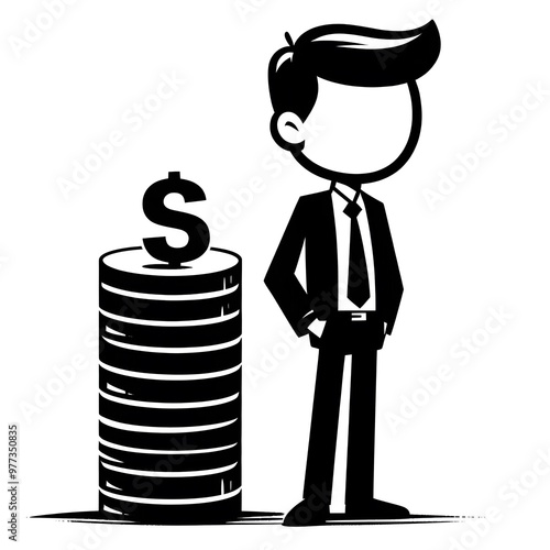 Businessman Standing by a Stack of Coins - Financial Success Illustration