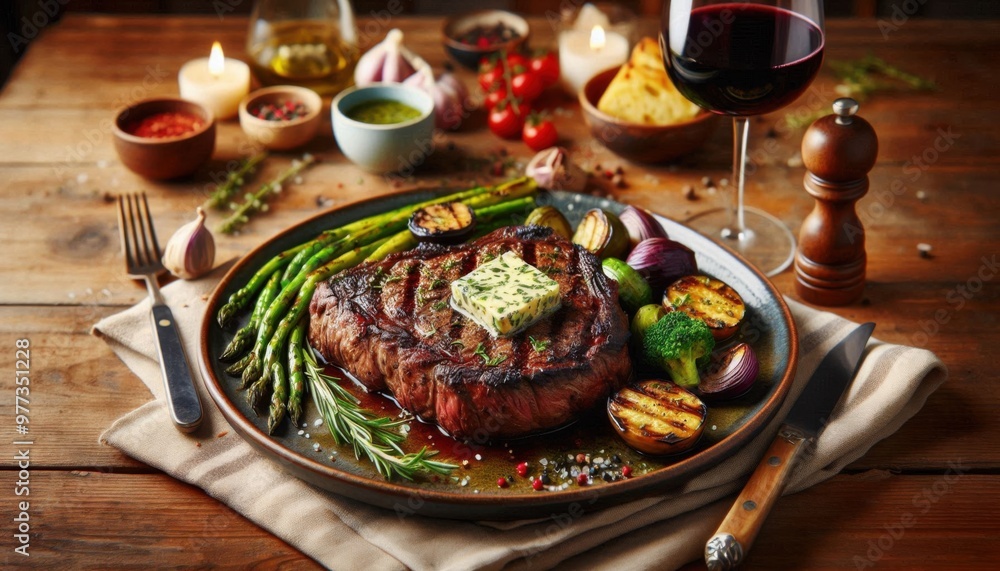 A plate of perfectly grilled steak with herb butter melting on top, served with roasted vegetables and a glass of red wine A plate of perfectly grilled steak with herb butter melting on top, served with roasted vegetables and a glass of red wine
