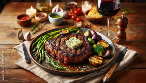 A plate of perfectly grilled steak with herb butter melting on top, served with roasted vegetables and a glass of red wine