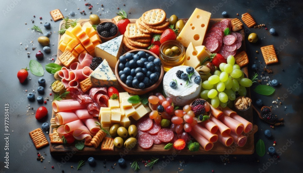Fototapeta premium A mouth-watering charcuterie board, featuring a variety of cheeses, cured meats, olives, crackers, and fresh fruit