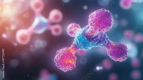 3D render of an antibody binding to an antigen, immune response at the molecular level, vibrant colors, antibody-antigen interaction, immunology photo