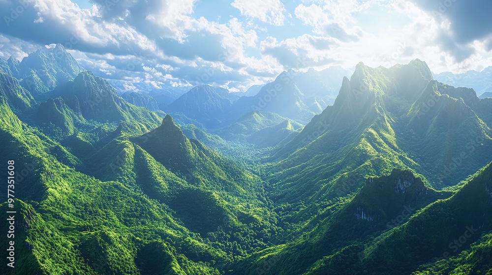 A breathtaking scenic background featuring a panoramic view of lush green mountains and a clear sky A breathtaking scenic background featuring a panoramic view of lush green mountains and a clear sky