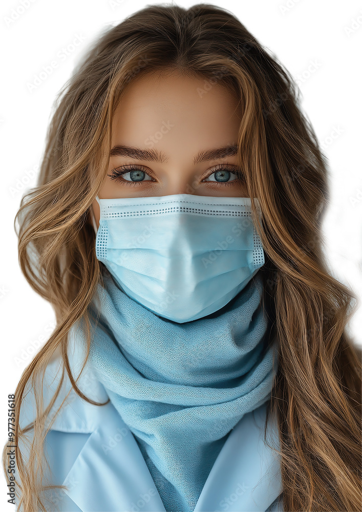 Portrait of a female doctor in a light blue coat and mask on a white background. Portrait of a female doctor in a light blue coat and mask on a white background.