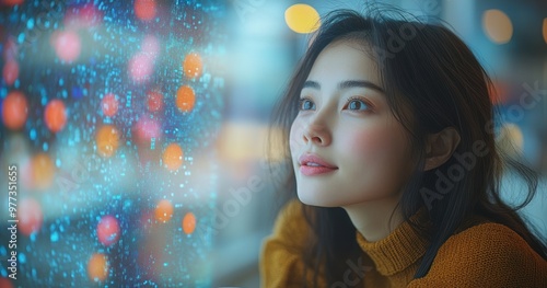 Woman Looking Out Window with Blurry Lights