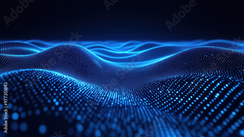 Blue digital wave flowing across a futuristic landscape with glowing dots and lines representing data and technology in a virtual space.