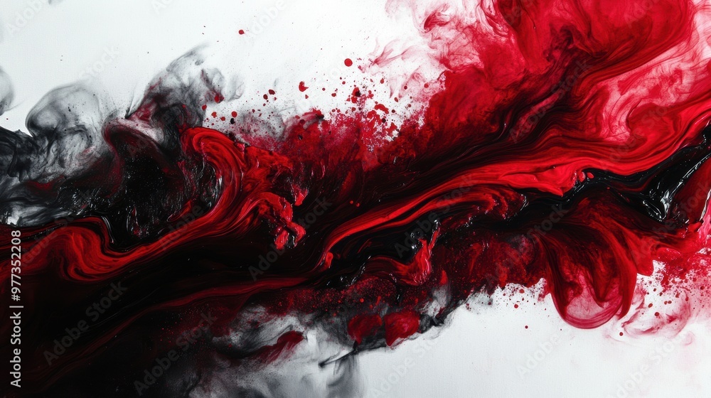 A dynamic abstract artwork featuring vivid red and black swirls, evoking emotion and movement on a white canvas. A dynamic abstract artwork featuring vivid red and black swirls, evoking emotion and movement on a white canvas.