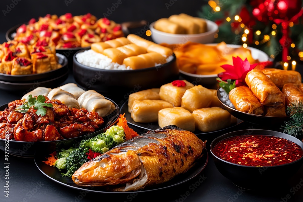 A Chinese New Yearâ€™s Eve dinner table, filled with symbolic dishes such as whole fish, spring rolls, and sweet rice cakes