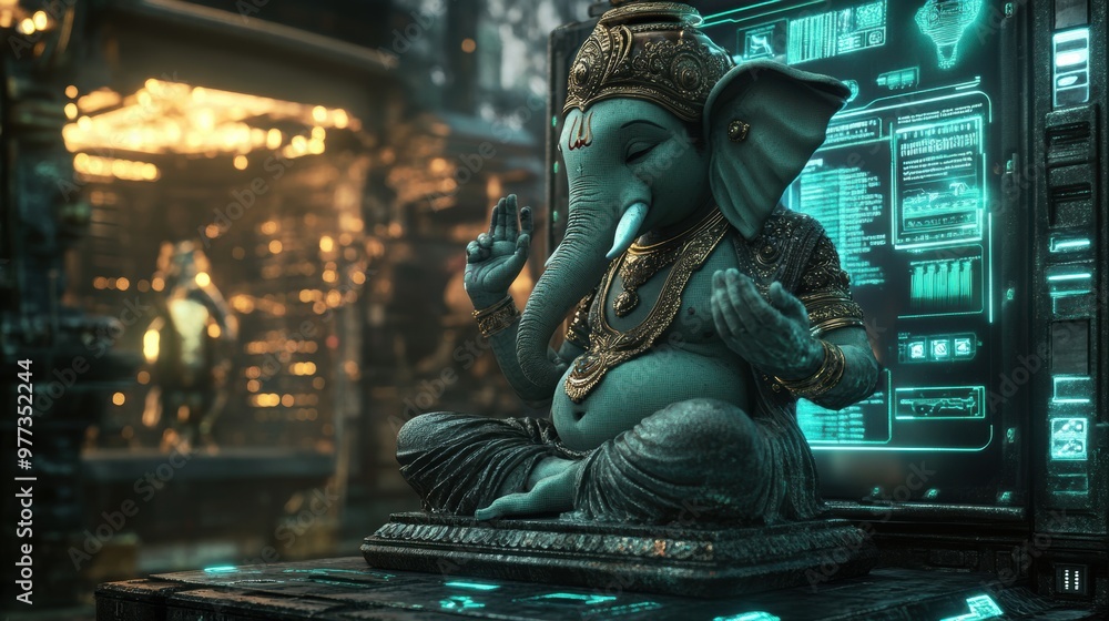 A futuristic depiction of a serene elephant deity amidst high-tech surroundings, blending tradition with modernity in vibrant colors. A futuristic depiction of a serene elephant deity amidst high-tech surroundings, blending tradition with modernity in vibrant colors.