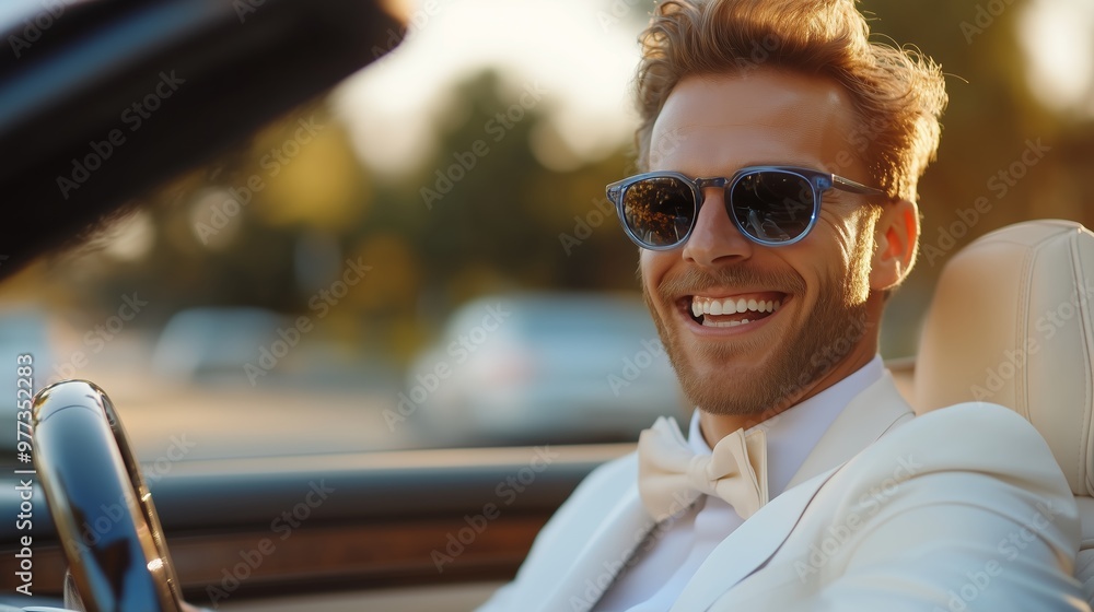 A man dressed in white enjoys a sunny drive in a convertible car, smiling against a backdrop of warm evening light A man dressed in white enjoys a sunny drive in a convertible car, smiling against a backdrop of warm evening light